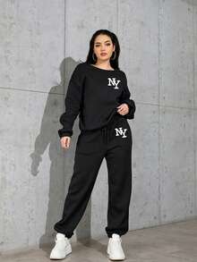 Women's 2 Pieces Loungewear Set, NY Letter Print Drawstring Crew Neck Sweatshirt And Sweatpants Set, Casual Long Sleeve Loungewear Set, Suitable For Home Warmth, Outdoor Sports And Winter Wear - Black - View 4
