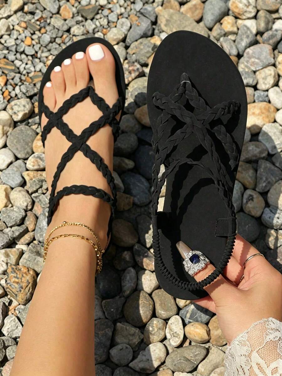 Sandal Datar Wanita, Warna Polos, Tali Elastis Silang Anti Selip, Sandal Pantai Kasual Musim Panas, Cocok untuk Pemakaian Sehari-hari