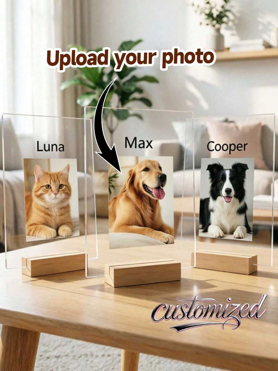 Customized Acrylic Photo Frame For Couples - Personalized Name And Photo Desktop Plaque With Wooden Base, Romantic Gift For Friends, Personalized Acrylic Photo Plaque With Wooden Stand, Customized Name And Photo Desktop Decor, Perfect Gift For Couples And Families - Multicolor - View 1