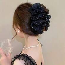 2/1pcs Women Solid Color Shiny Oversized Bubble Bow Hair Clip Elegant Fashion Claw Clip Suitable For Daily Use - Black + Rice - View 5