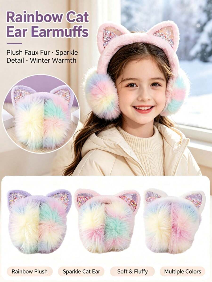 Cute Girls Cat Ear Winter Earmuffs, Colorful Rainbow Plush Ear Warmers With Shiny Glitter, Soft Fuzzy Foldable Ear Muffs For Outdoor Daily Wear - Multicolor - View 1