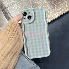 奶油色多巴胺波浪荷葉邊軟 TPU 紋理可愛格紋字母圖案手機殼，適用於 iPhone 18ProMax 18Pro 17Air 17 16 15 14 13 12 11 Pro Max 及其他機型 - 藍色 - 查看 3