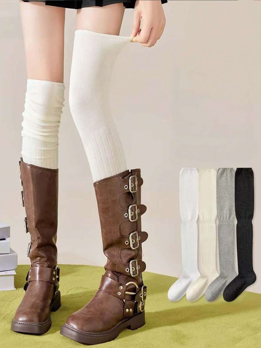 1 Pair Women's All-Season Over-The-Knee Socks, High Tube Socks, Non-Slip Comfortable Fit Thigh-High Socks, Thickened Warm Ribbed Long Socks, Soft Elastic Breathable Winter Long Socks, Comfortable Boot Socks - Multicolor - View 1