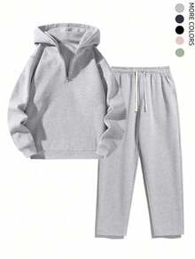 Men's 2 Pieces Half-Zip Hoodie And Wide-Leg Sweatpants Set, Loose Fit Casual Outfit For Daily Commute, Spring And Autumn - Light Grey - View 4