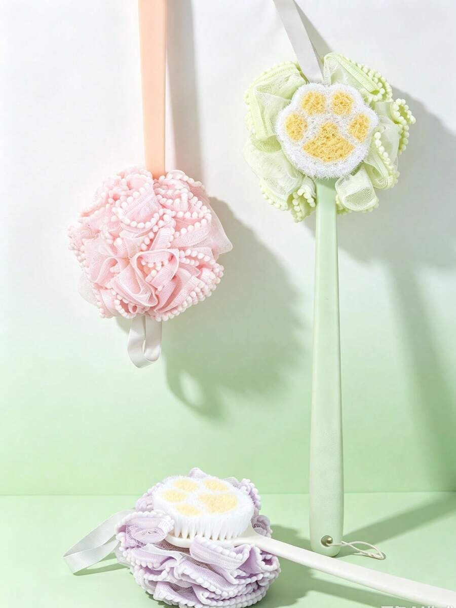 1pc Long Handle Soft Bristle Double Sided Bath Brush Home Daily Use Scrubbing Ball 2-In-1 Exfoliating Skin-Friendly Back Scrubber Foaming Shower Tool - View 1