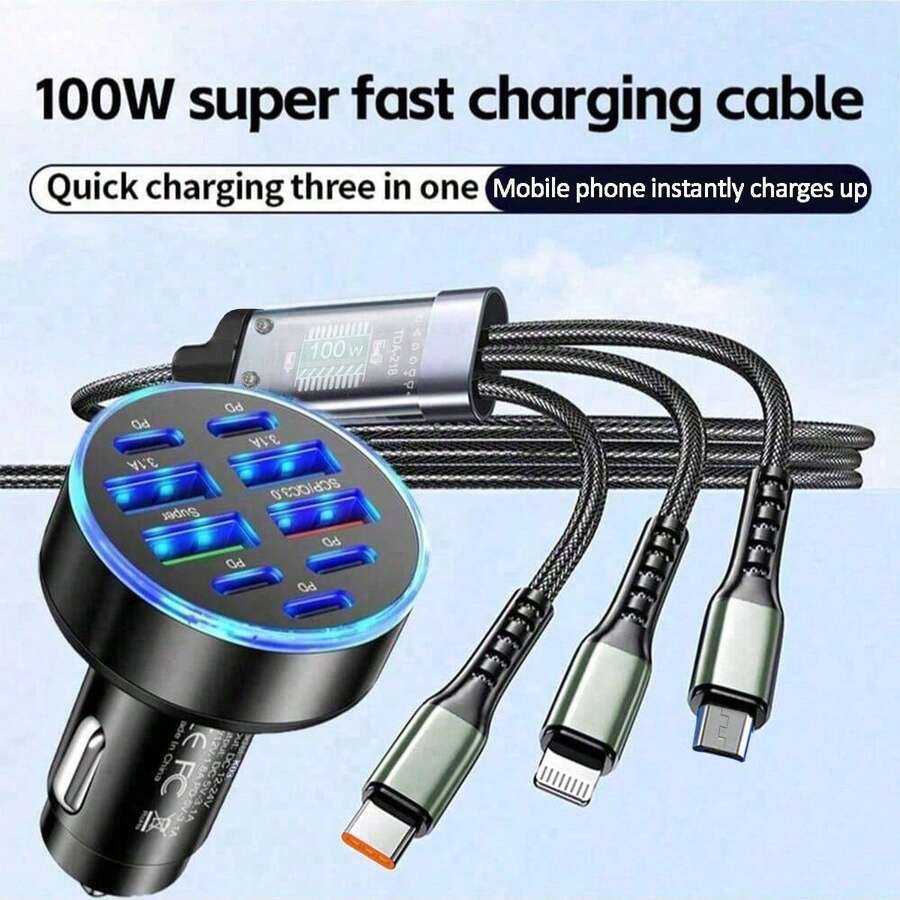 9pcs Car Charger Set With 3-In-1 Fast Charging Cable (USB To Type-C + Lightning + Micro USB), Compatible With Apple/// Devices - Black - View 1