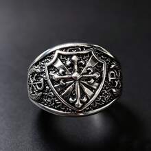 Gothic Vintage Medieval Shield Fleur-De-Lis Cross Pattern Men's Ring, Personalized Hip-Hop Cool Boy Accessory, Halloween Gift - Multicolor - View 2