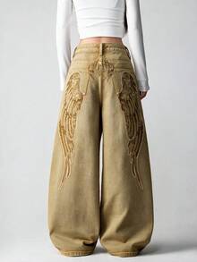 1件女款美式街頭風刺繡寬鬆舒適寬腿牛仔長褲，時尚四季皆宜（本產品不含腰帶/配件） - 卡其色 - 查看 7