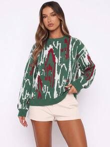 Women Abstract Graphic Print Crew Neck Drop Shoulder Knit Sweater, Casual Loose Long Sleeve Pullover Jumper For Fall Winter - Multicolor - View 3