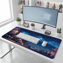 Japanese Night Cherry Blossom Street Pattern Extra Long Gaming Mouse Pad And Desk Mat Set, Non-Slip Durable Rubber Base, Smooth Surface, Suitable For Computer Laptop Office Home, Abstract Art Decor, Back To School Supplies - A - View 1