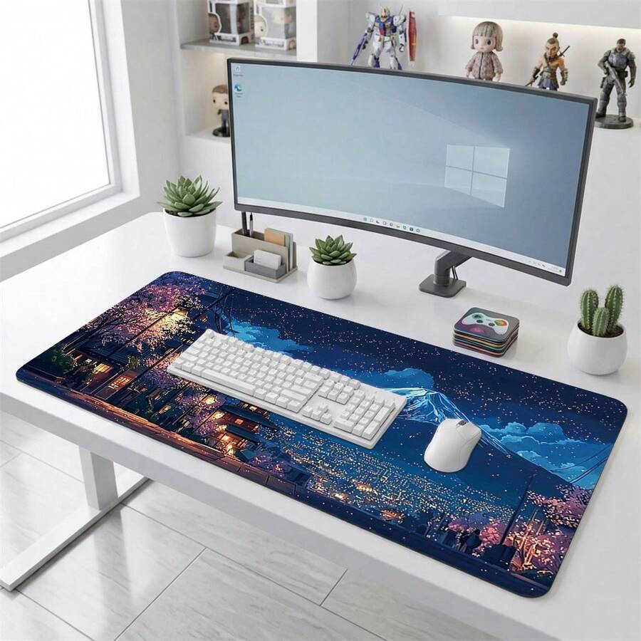 Japanese Night Cherry Blossom Street Pattern Extra Long Gaming Mouse Pad And Desk Mat Set, Non-Slip Durable Rubber Base, Smooth Surface, Suitable For Computer Laptop Office Home, Abstract Art Decor, Back To School Supplies - A - View 1
