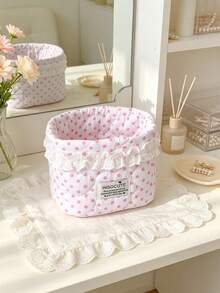 1pc Cute Polka Dot Storage Basket Quilted Drawstring Makeup Bag Lace Decor Cosmetic Organizer Bucket Desktop Items Storage Bag Folding Small Basket - Multicolor - View 6