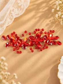 KOVLYNE 1pc Red Beaded Flower Headband, Sparkling Rhinestone Floral Hair Accessory, Elegant Eye-Catching Headpiece Suitable For Weddings, Parties, Date Nights And Special Occasions - Red - View 2