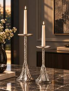 Textured Hammered Silver Tall Candle Holder, Asymmetrical Wavy Base Pillar Candle Stand, Vintage Luxury Tabletop Candlestick For Living Room, Dinner Party, Home Decor - Copper Hill Candle Holder - View 1