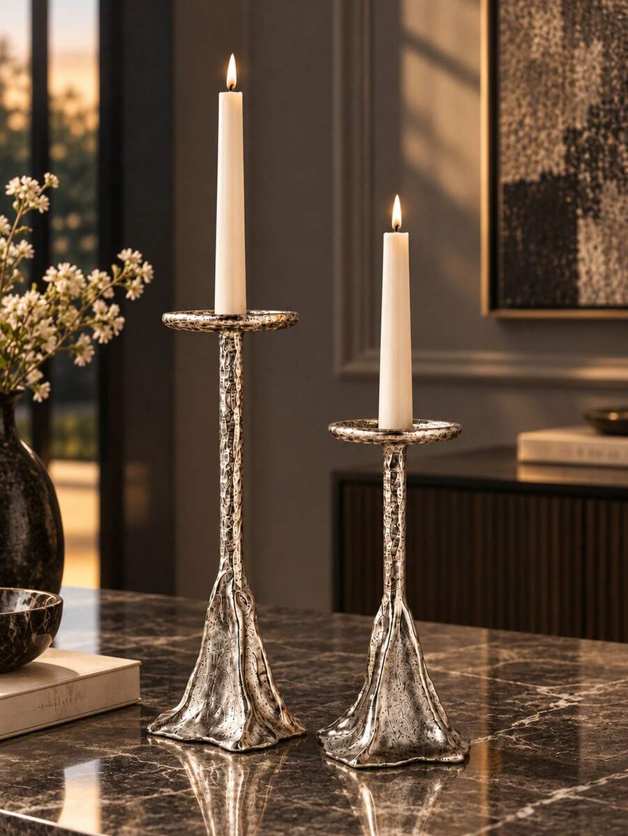 Textured Hammered Silver Tall Candle Holder, Asymmetrical Wavy Base Pillar Candle Stand, Vintage Luxury Tabletop Candlestick For Living Room, Dinner Party, Home Decor - Copper Hill Candle Holder - View 1