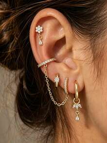 4pcs Delicate Small Cubic Zirconia Flower Earrings Set, Fashionable Accessory For Dating, Gathering, Party Layering - Yellow Gold - View 1