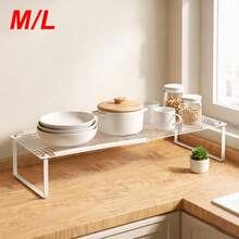 Expandable Metal Cabinet Shelf Organiser, Adjustable Stackable Storage Rack, Heavy Duty Mesh Countertop Shelf For Kitchen, Wardrobe, Cupboard, Pantry & Bathroom Storage - White - View 3
