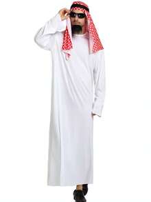 1 Set Halloween Cosplay Party Costume, Unisex, Pure White Loose Robe + Red Plaid Headscarf + Fake Beard, Suitable For Halloween And Performance - White - View 5