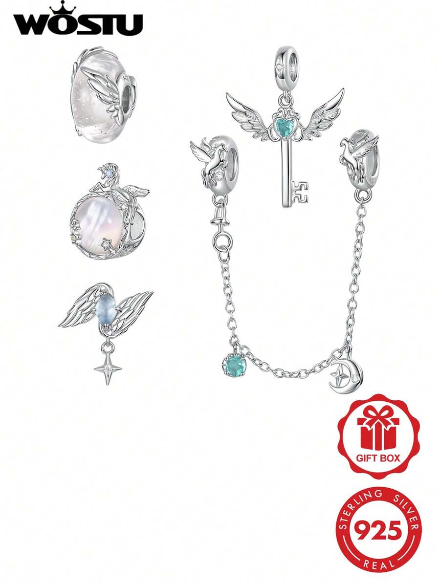 WOSTU 1pc Angel Wings Pendant 925 Sterling Silver Opal Shell Inlaid Cubic Zirconia Beads DIY Bracelet Accessory Exquisite Jewelry Women's Birthday Party Gift - Multicolor - View 1