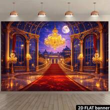 2d Plane Moonlit Castle Main Staircase Theme Background Cloth, European Palace With Golden Chandelier And Main Staircase, Suitable For Indoor And Outdoor Scenes, Suitable For Room Decoration Banner Background. - 1 - View 5