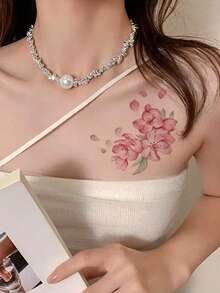 4pcs Temporary Tattoo Sticker, Cherry Blossom Peach Flower Floral Pattern, Realistic Fake Tattoo Design, For Daily Wear, Bachelorette Party Favors, Music Festival, Game, Graduation Gift, Lasts 3‑5 Days - Multicolor - View 5