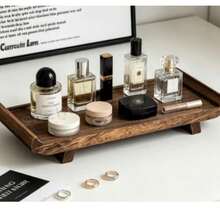 1pc Vintage Anti-Slip Anti-Tip Solid Wood Storage Tray, Dark Brown Natural Wood Grain, Rectangular Rounded Corner Shape - View 1