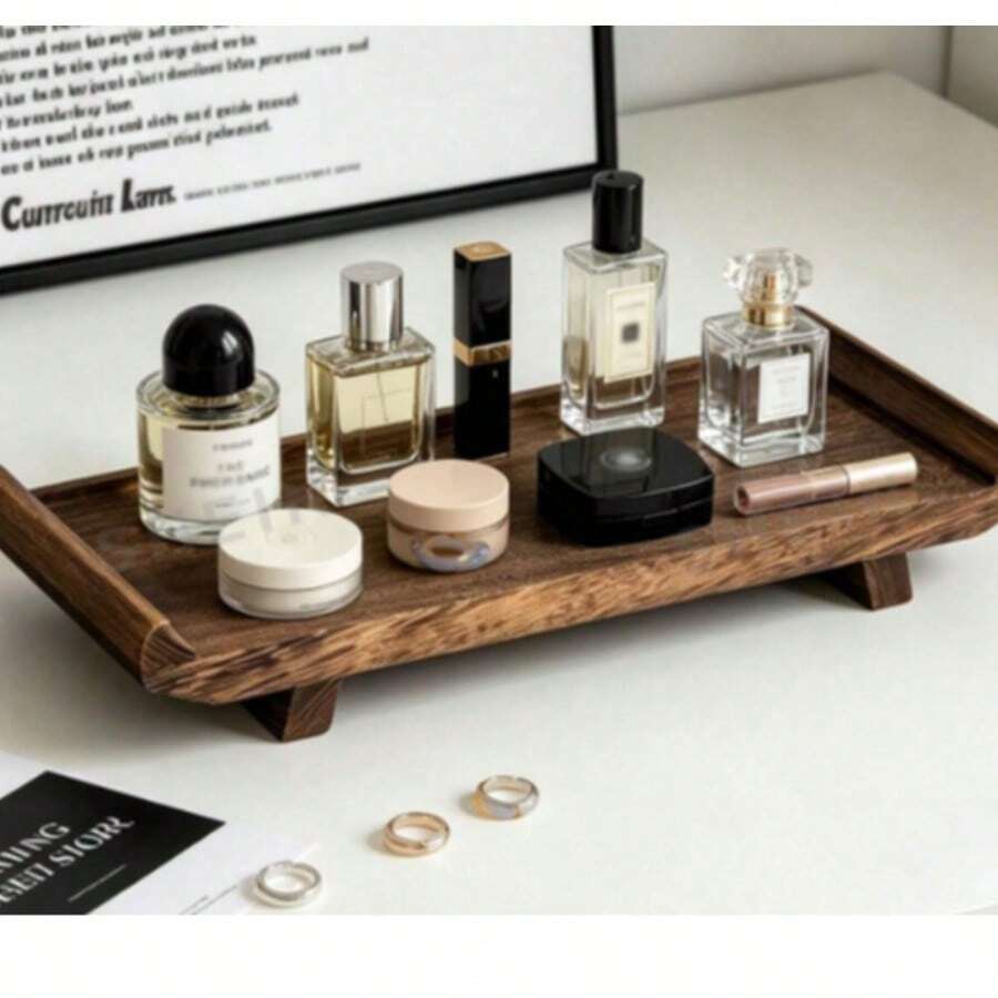 1pc Vintage Anti-Slip Anti-Tip Solid Wood Storage Tray, Dark Brown Natural Wood Grain, Rectangular Rounded Corner Shape - View 1