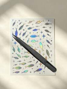 1pc Decor Stickers With Tweezer, Stickers For Laptop, Holographic Iridescent Fish & Star Motif, Aesthetic Ocean‑Style Ornamental Decals, For Phone Case, Camera, Tumbler, Gift Card Decoration - Laser Fish School - View 6