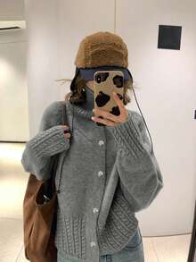 Korean Style Solid Color Stand Collar Cable Sleeve Sweater, Autumn/Winter New Vintage Hong Kong Style Lazy Knit Cardigan For Women - Grey - View 3