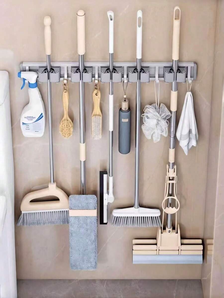1pc Multifunctional Wall-Mounted Broom & Mop Holder, Silver Gray Rust-Proof Self-Adhesive Tool Organizer With Hooks, Suitable For Laundry Room, Garage, Kitchen, Christmas & Thanksgiving Home Cleaning Gift