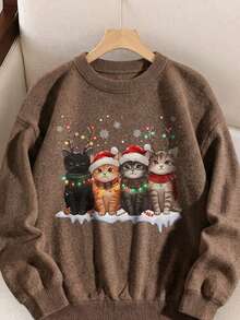 Women's Plus Size Knitted Sweater, Four Christmas Decorated Cats Pattern, Long Sleeve Crew Neck Regular Fit, Ideal Choice For Autumn Outfit - Brown - View 1