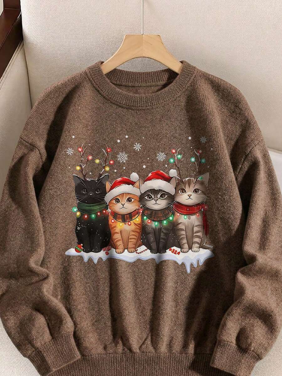 Women's Plus Size Knitted Sweater, Four Christmas Decorated Cats Pattern, Long Sleeve Crew Neck Regular Fit, Ideal Choice For Autumn Outfit - Brown - View 1