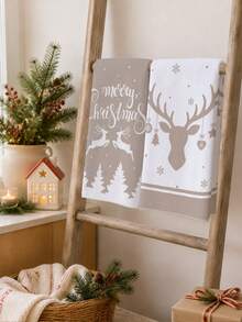 2PCS Kitchen Towel, Christmas Reindeer Silhouette Pattern Dish Cloth, Minimalist Style 40*60cm Rectangular Soft Microfiber Cleaning Kitchen Towel, Perfect For Kitchen, Dining Room And Bathroom Use, Christmas Kitchen Decoration, Home Decor, Neighbor Housewarming Gift, Scouring Pad Dish Cloth - Multicolor - View 7