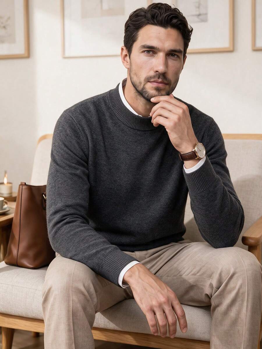 Men's Crew Neck Long Sleeve Solid Color Minimalist Casual Knit Sweater, Lightweight For Autumn/Winter - Dark Grey - View 1