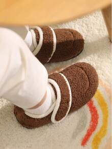 Fashionable Minimalist Kids Plush Slippers, Fresh Solid Color, Simple Design, Warm Plush Winter Indoor Shoes - Brown - View 4