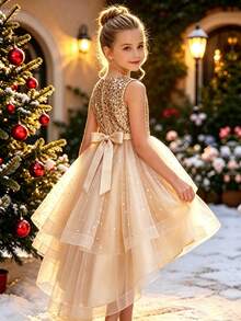 Tween Girl Sleeveless Sequin Mesh Big Hem Trailing Princess Party Dress, Teens Bridesmaid Wedding Formal Gown - Gold - View 4
