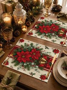 Classic Vintage Christmas Table Runner, Throw Pillow, Placemat, Red Poinsettia, Gold Bell, Red Ribbon, Pine Branch, Holly Berry Print, Country Style Kitchen Dining Table Decor Long Cloth, Holiday Party Decoration - Multicolor - View 4