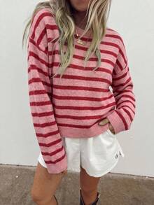 Set Musim Dingin Wanita, Sweater Leher Bulat Bergaris Blok Warna Vintage, Atasan Rajut Longgar Lembut dengan Bahu Jatuh - Berwarna merah muda - View 4