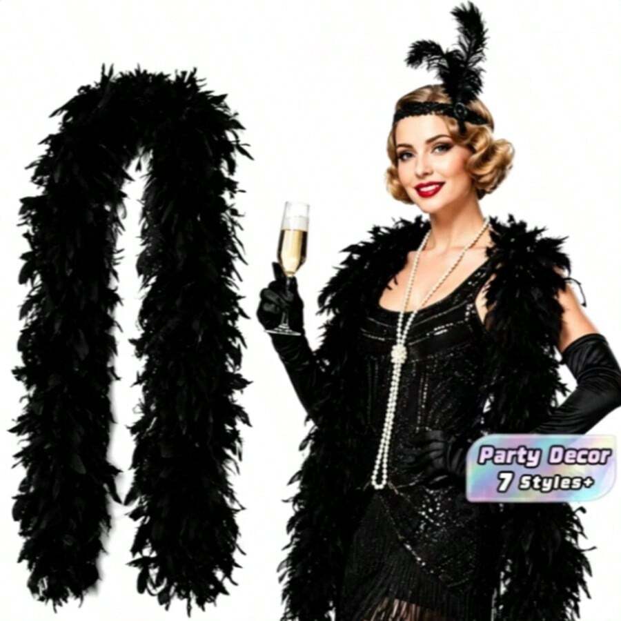 Feather Boa, Fluffy Natural Turkey Feather Scarf, Halloween Party, Wedding Dress-Up, Stage Performance, Birthday Photo Decoration Costume Accessory - Black - View 1