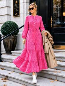 Women's A-Line Floral Maxi Dress With Long Sleeves - Pink - View 2