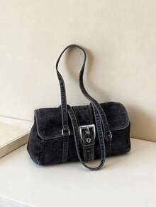 Tas jinjing model retro dengan detail penutup dan gesper, simpel dan modis, cocok untuk perjalanan sehari-hari, belanja, dan berlibur. - Hitam - View 10