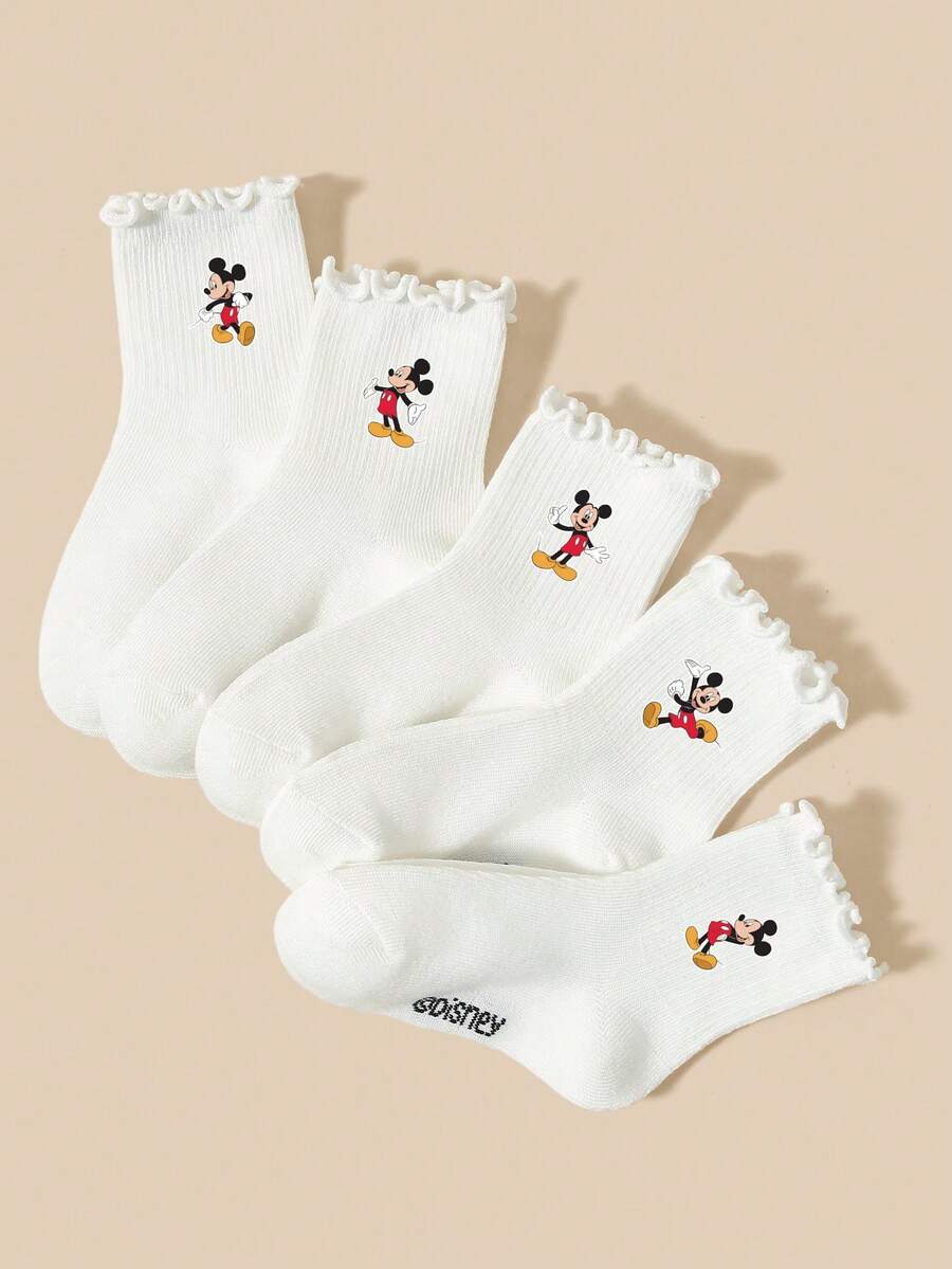 Disney Socks/Mickey Mouse 5 Pairs All-Season Kids Ruffled Edge School Socks, Simple Playful Cartoon Mickey Mouse Pattern Decoration, Fashionable Personalized Soft Breathable Comfortable Moisture-Wicking Odor-Resistant Sports Socks/Ruffled Mid-Calf Socks, Casual Versatile Suitable For Travel/School Wear/Daily Wear/Sports Wear - Multicolor - View 1