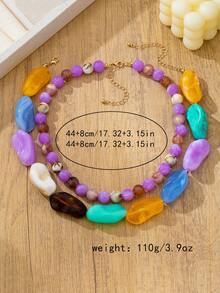 OABE 2pcs/Set Bohemian Style Handmade Mixed Color Asymmetric Beaded Necklace With Round Beads, Suitable For Women's Daily Wear, Random Bead Colors - Multicolor - View 4