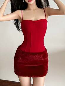 Top Dazzle Christmas Elegant Red Spaghetti Strap Short Slim Fit Knit Backless Mini Dress - Red - View 4