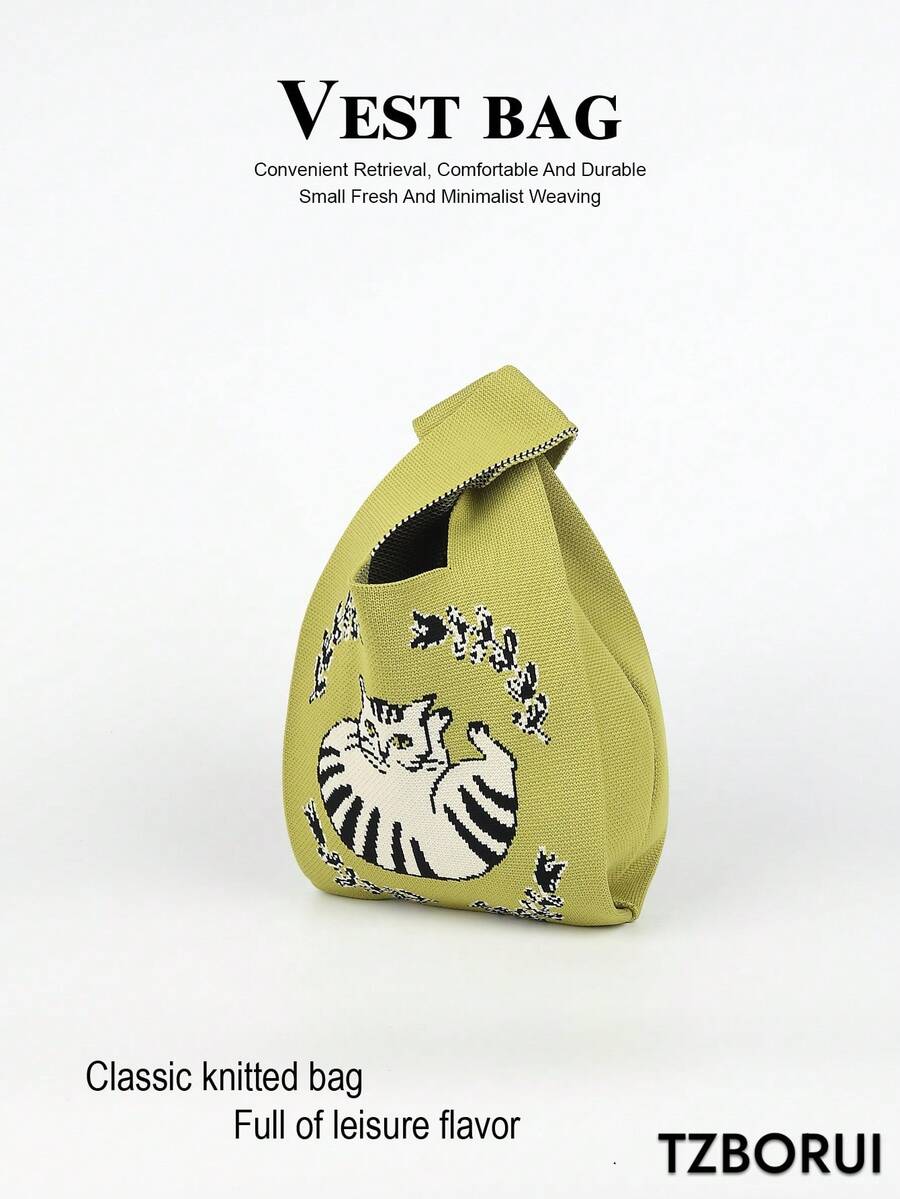 Cute Cat Pattern Knitted Vest Bag, Vintage Casual Daily Commute Shopping Travel Handbag - Green - View 1
