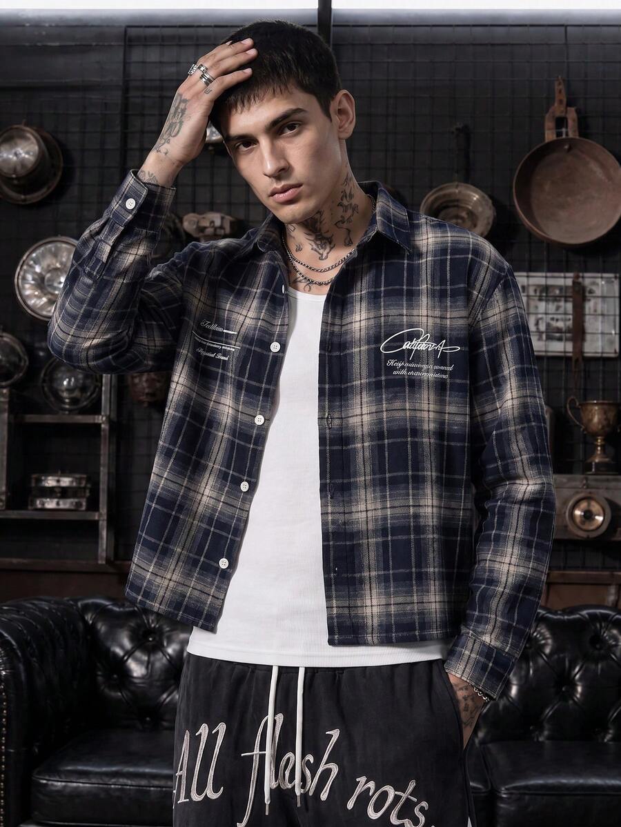 Dope | Navy Blue Gradient Plaid Short Turn-Down Collar Shirt, Minimalist Handwritten English Signature Print Loose Vintage Plaid Blouse - Navy Blue - View 1