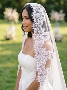 1 Pc Mantilla Wedding Veil Fingertip Cathedral Length Soft French Lace Bridal Veil With Invisible Metal Comb For Brides - Multicolor - View 5