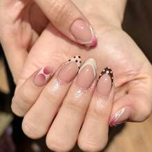 24片中號杏仁形穿戴式假指甲，粉色腮紅漸層與棕色波點法式緞帶設計，甜美溫柔秋季美甲，適合女性/女孩日常通勤、約會、派對，可重複使用假指甲套組 - 彩色 - 查看 6