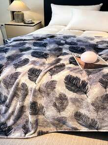1pc Grey Feather Print Blanket, Thick Warm Throw Blanket For Autumn/Winter, Suitable For Home Decor, Bed, Sofa, Office, Room Decoration, Dorm, Machine Washable - Dark Grey - View 7