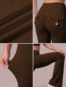 6pecil High Waist Flare Yoga Pants With Pockets, Ruched Butt-Flattering Flare Leggings, Tummy Control Anti-Wrinkle Design Sports Flare Pants - Chocolate Brown - View 11